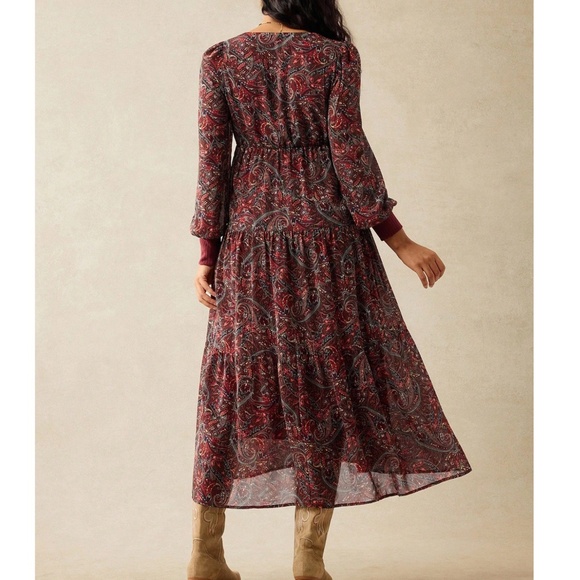 Maternity Paisley Print V neck High Waisted Long sleeve Dress - Picture 5 of 5